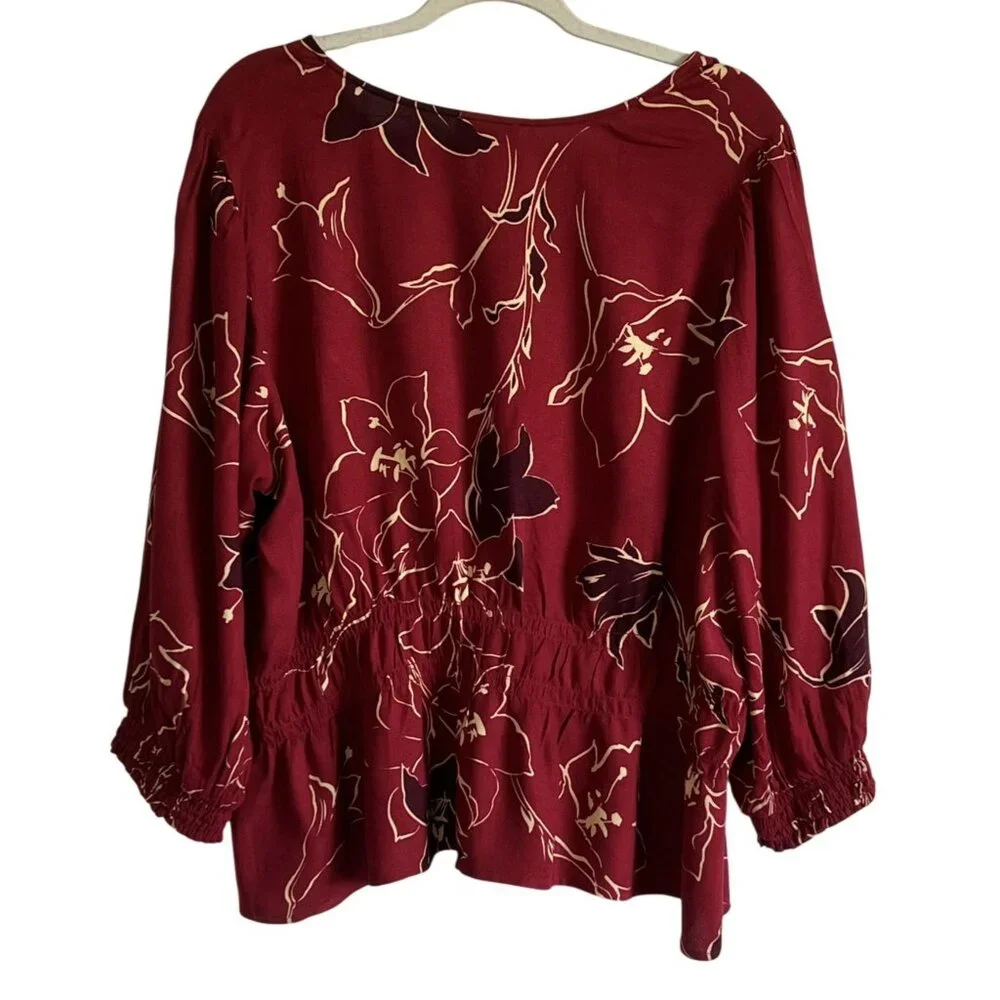 Sofía Jeans By Sofía Vergara Womens 2X Burgundy Viscose Floral Blouse Smocking - Picture 7 of 7